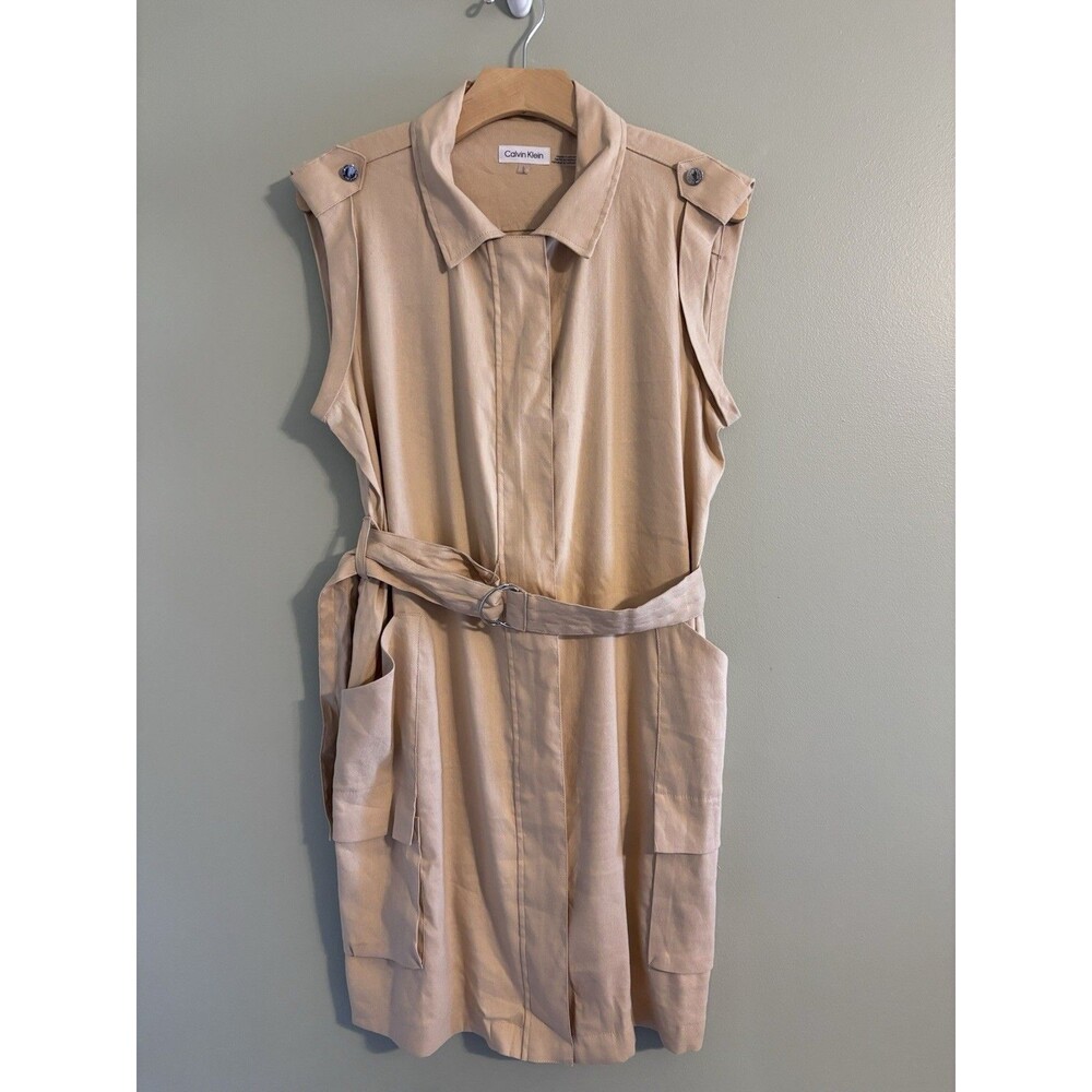 New Calvin Klein Belted Linen Blend Dress Women Safari Career Minimalist Utility